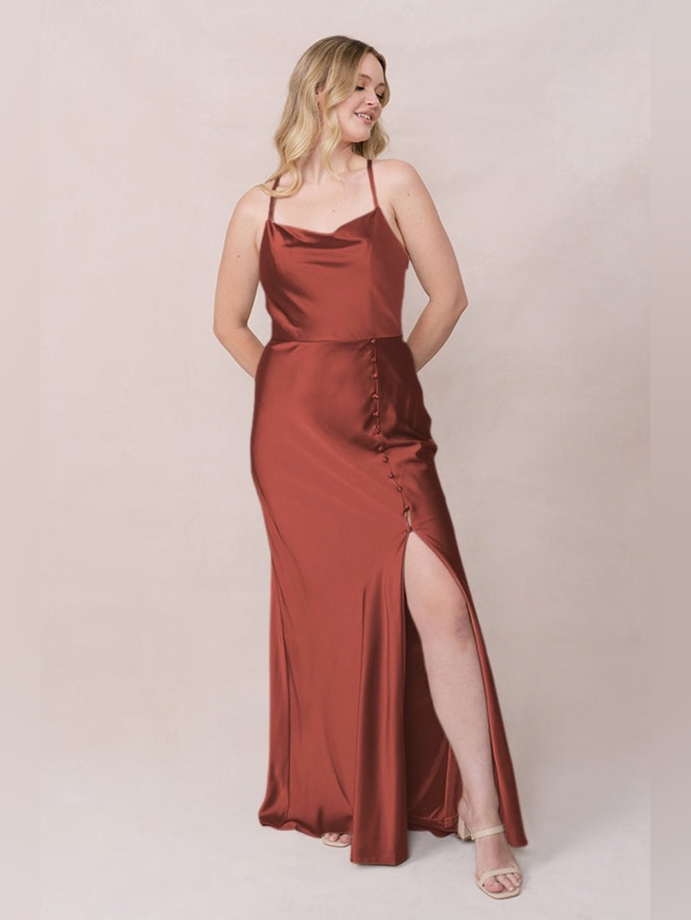 Revelry Billie Satin Formal Dress in Cinnamon Rose, Size 4